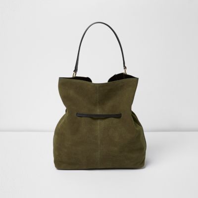 Khaki green suede drawstring duffel bag